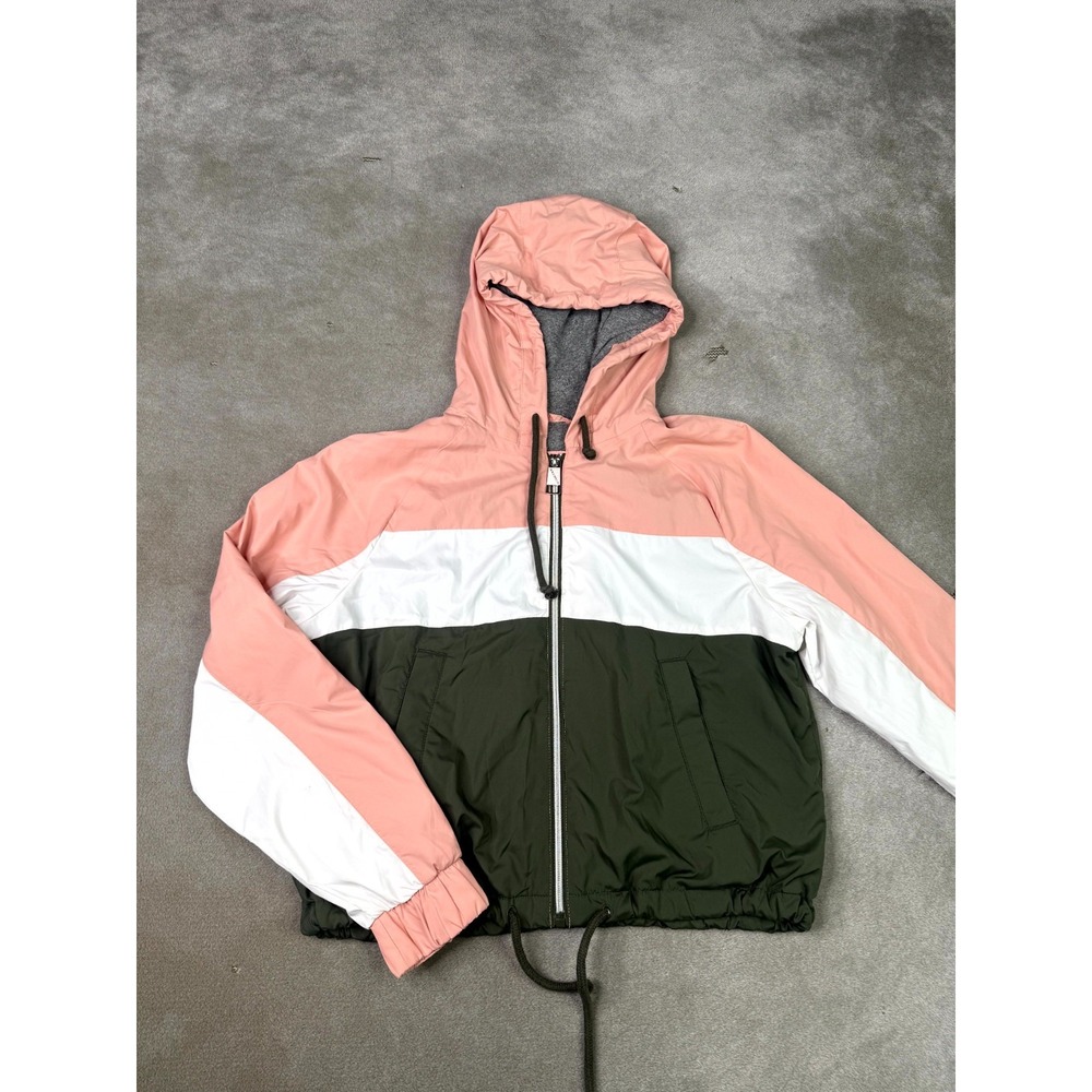 Hollister Windbreaker Jacket Womens Small Pink Black Color Block Hooded Zip Up